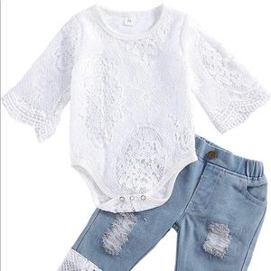 Baby Girl White Lace Romper Top+ Jeans